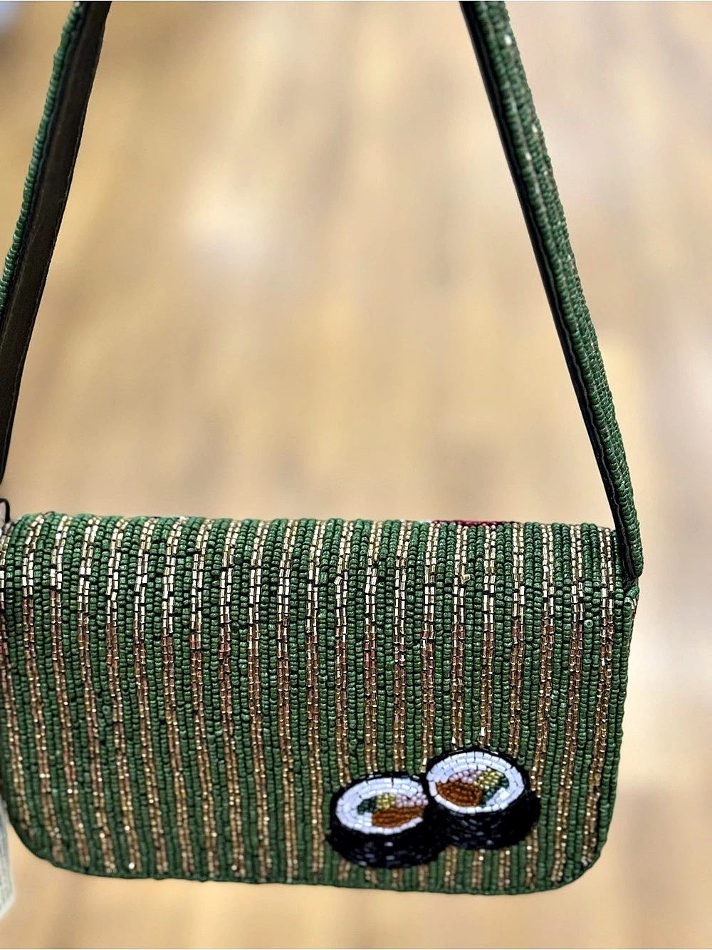 Beaded Shoulder Bag in Green & Black New